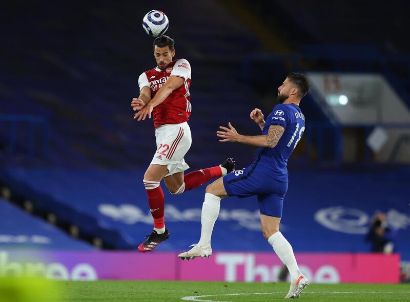 Arsenal's Pablo Mari wins a header. EPA