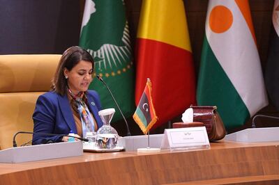 
Libya's Foreign Minister Najla Al Mangoush speaks during a ministerial meeting of Libya's neighbouring countries in Algiers, Algeria.  