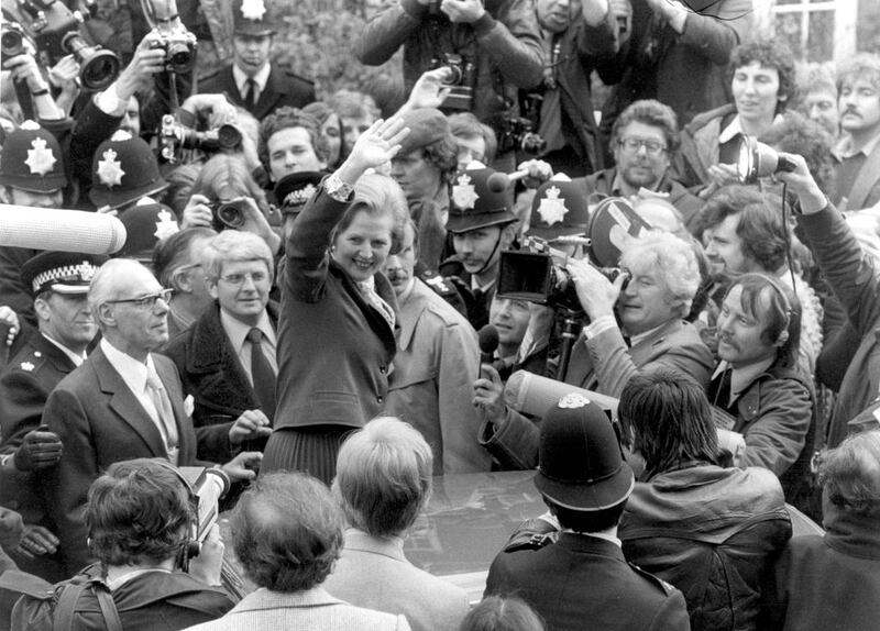 Margaret Thatcher celebrating her first general election victory in 1979. Scruton might admire her but is more at home with the One Nation Toryism of Disraeli. Central Press / Getty Images
