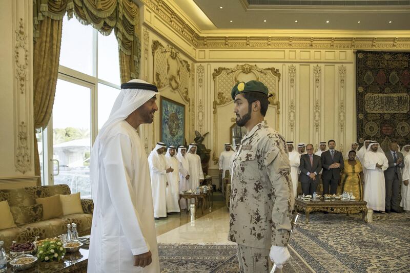 ABU DHABI, UNITED ARAB EMIRATES - April 08, 2016: HH Sheikh Mohamed bin Zayed Al Nahyan, Crown Prince of Abu Dhabi and Deputy Supreme Commander of the UAE Armed Forces (L) receives Ahmed Suhail Al Mazrouei (R), during a Sea Palace barza.
( Mohamed Al Hammadi / Crown Prince Court - Abu Dhabi )