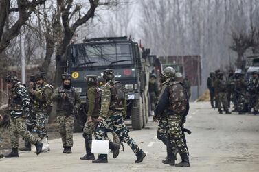 Indian security forces in an operation against suspected militants in Kashmir's Pulwama district on February 18, 2019. AFP