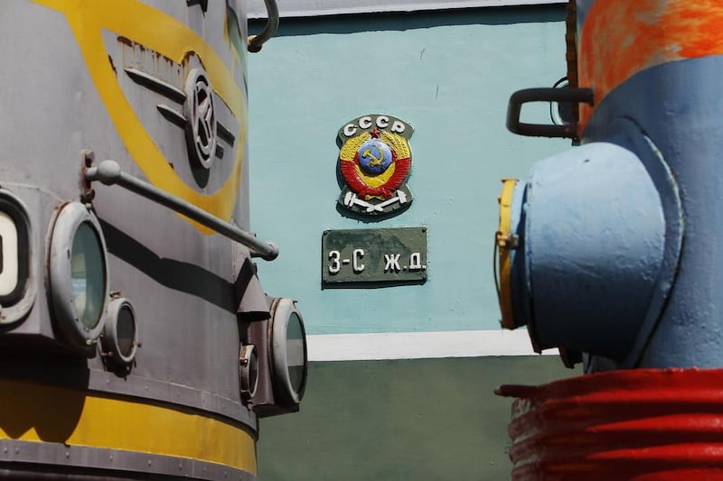 A Soviet Union symbol is seen between trains at the Museum of Railway Technology in Moscow. Sergei Karpukhin / Reuters