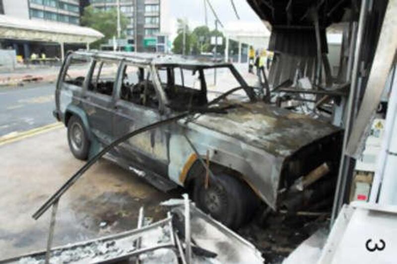 This image made available in London Tuesday Dec. 16, 2008, by the Metropolitan Police, shows the burnt out wreckage of a Jeep Cherokee, which was used in a terrorist attack on Glasgow Airport, Scotland, in June 2007. Bilal Abdulla was found guilty at Woolwich Crown Court in London, Tuesday Dec. 16, 2008,  of conspiring to murder hundreds of people with car bomb attacks on London and Glasgow. Abdulla, 29 an Iraqi doctor,  claimed that he intended only to frighten Britons. (AP Photo/Metropolitan Police, ho) *** Local Caption ***  LON105_BRITAIN_TERRORISM_TRIAL.jpg