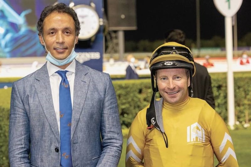 Zabeel Stables trainer Bhupat Seemar with stable jockey Tadhg O'Shea, who rides Remorse in the Dubai World Cup