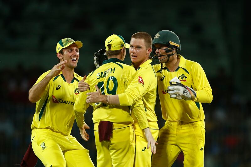 Australia's Adam Zampa celebrates the wicket of Hardik Pandya of India. Getty