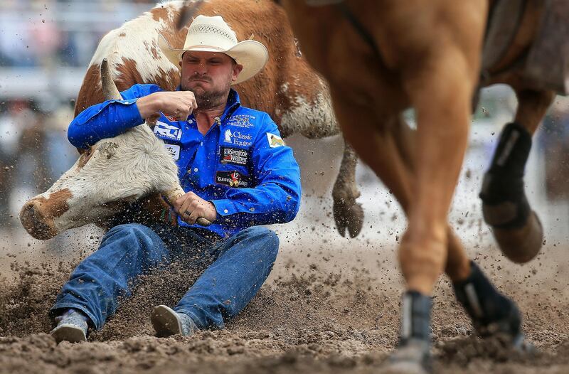 Kyle Irwin competes in the steer wrestling event during Championship Sunday of the 122nd annual Cheyenne Frontier Days Rodeo at Frontier Park Arena, in Cheyenne, Wyoming. Blaine McCartney/AP Photo