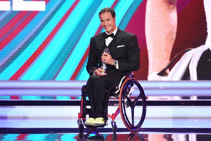MONACO - FEBRUARY 27:  Marcel Hug receives the Disability Award during the 2018 Laureus World Sports Awards show at Salle des Etoiles, Sporting Monte-Carlo on February 27, 2018 in Monaco, Monaco.  (Photo by Stuart C. Wilson/Getty Images for Laureus)