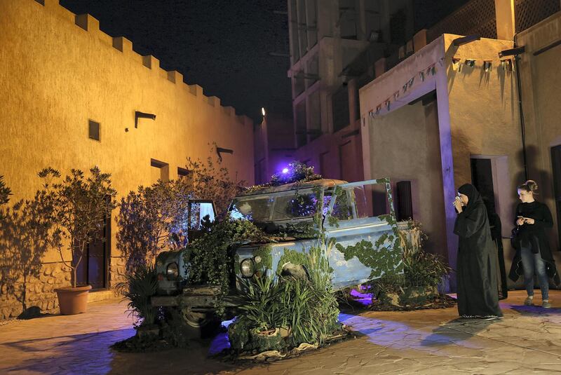 Dubai, March 20, 2018: Emirati artist Mohammed Alolama's  art of an old Land Rover at the Sikka Art fair at Al Fahidi Historical District in Dubai. Satish Kumar for the National