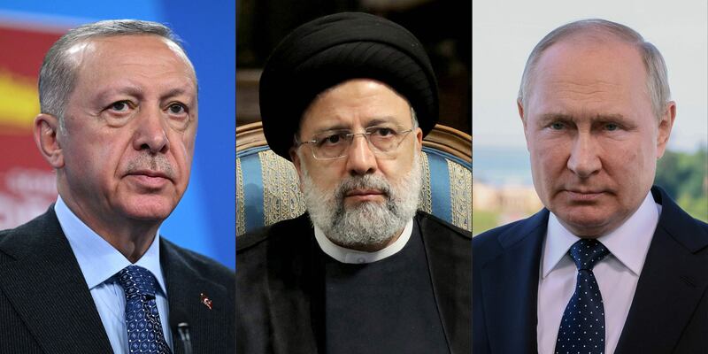 Turkey's President Recep Tayyip Erdogan, left, Iran's President Ebrahim Raisi and Russian President Vladimir Putin. AFP