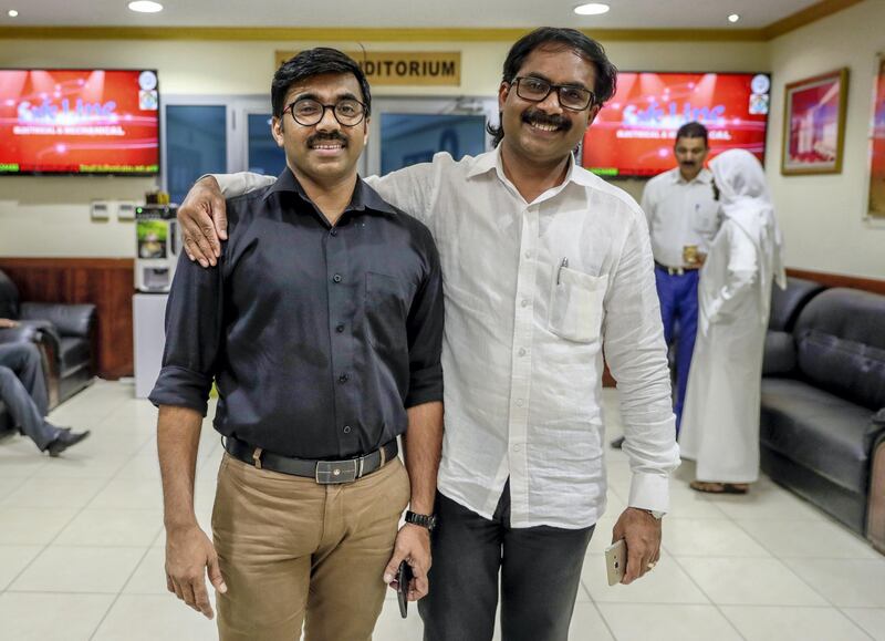 Abu Dhabi, April 15, 2019.  Indians plan to go home to vote in the elections. A group will be meeting on Sunday night to discuss block bookings and arrange cheap flights home ahead of the second phase of voting on April 23.-- (Left) Shukoor Ali and friend Ashraf Ponnani at the Indian Islamic Centre, Abu Dhabi.
Victor Besa/The National.
Section:  NA 
Reporter:  Shireena Al Nuwais