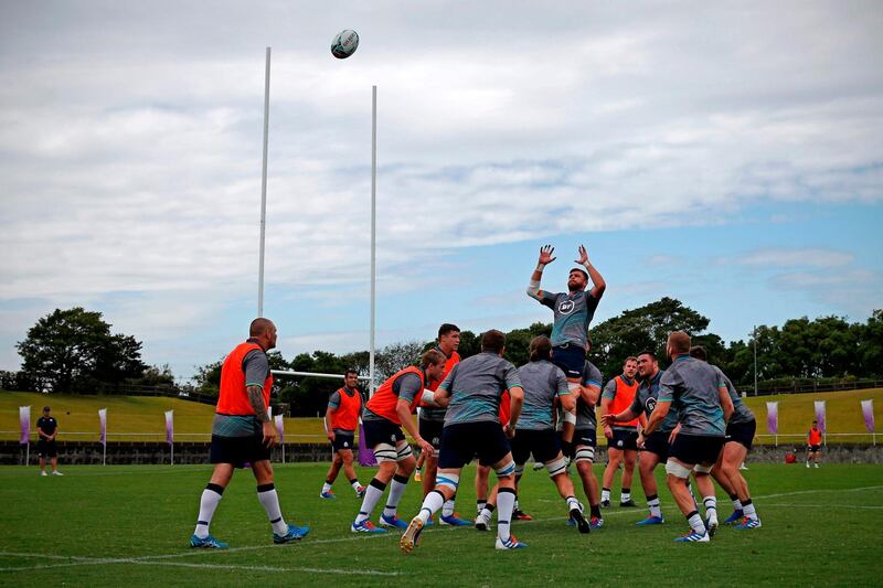 Scotland's players practice a line out  in a training session for Rugby World Cup in Hamamatsu, Japan, on Monday, October 7.  AFP