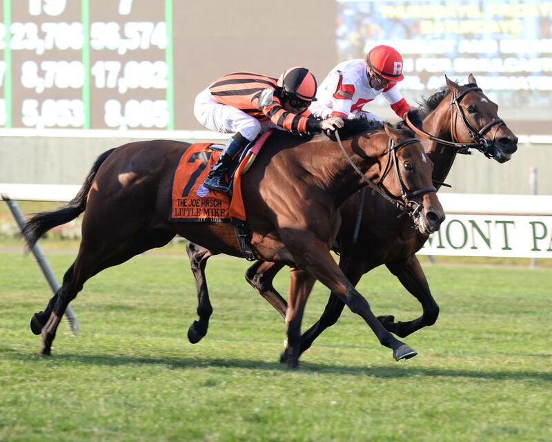 Little Mike, left, ridden by Mike Smith, wins the Grade 1 Joe Hirsch Turf Classic Invitational at Belmont Park. AP Photo