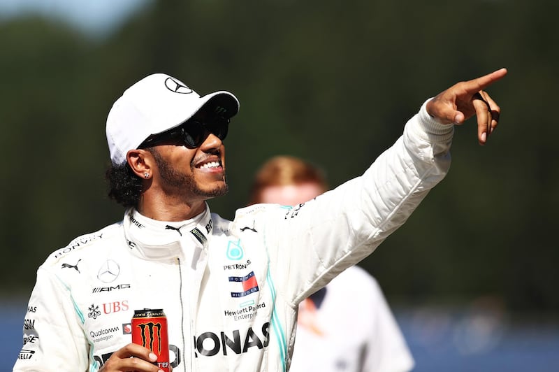 SPIELBERG, AUSTRIA - JUNE 29: Second place qualifier Lewis Hamilton of Great Britain and Mercedes GP celebrates in parc ferme during qualifying for the F1 Grand Prix of Austria at Red Bull Ring on June 29, 2019 in Spielberg, Austria. (Photo by Bryn Lennon/Getty Images)