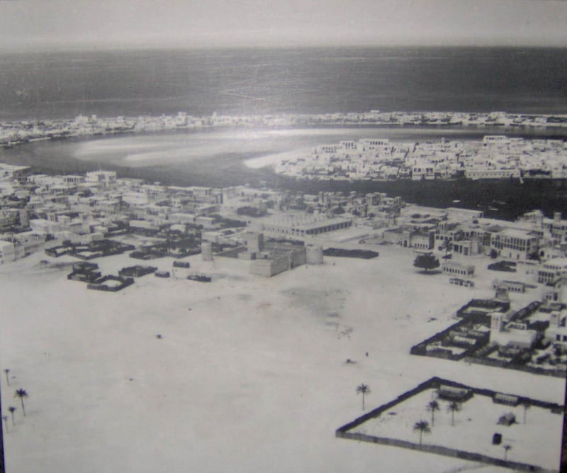 Bur Dubai in the foreground; Deira, middle-right, on the other side of Dubai Creek; and Al Shindagha, left, and Al Ras, right, in the background across the Creek again from Deira, in 1950. Alamy