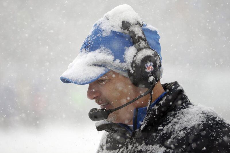 Detroit head coach Jim Schwartz, covered in snow. Matt Rourke / AP