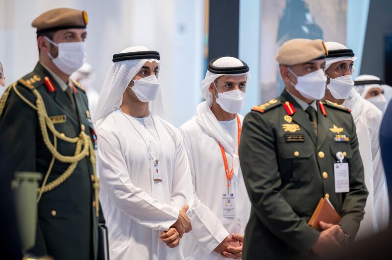 ABU DHABI, UNITED ARAB EMIRATES - February 23, 2021: HH Sheikh Hamdan bin Mohamed bin Zayed Al Nahyan (2nd L) and HH Sheikh Mohamed bin Hamad bin Tahnoon Al Nahyan (3rd L), tour the International Defence Exhibition and Conference (IDEX), at ADNEC.

( Mohamed Al Hammadi / Ministry of Presidential Affairs )
---