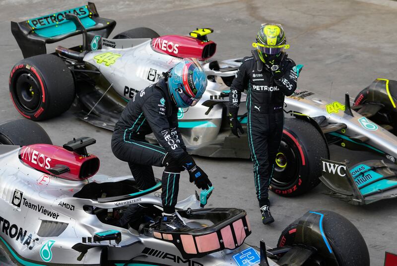 George Russell celebrates winning the sprint race at the Interlagos racetrack. AP