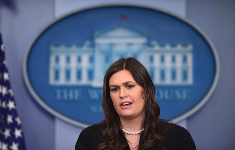 White House press secretary Sarah Huckabee Sanders speaks during the daily briefing at the White House in Washington, Monday, March 12, 2018. Sanders answered questions on North Korea, school safety and other topics. (AP Photo/Susan Walsh)
