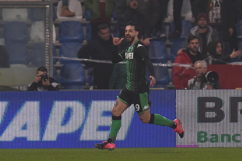 REGGIO NELL'EMILIA, ITALY - FEBRUARY 01: Francesco Caputo of Sassuolo celebrates after scoring the opening goal during the Serie A match between US Sassuolo and  AS Roma at Mapei Stadium - CittÃ  del Tricolore on February 01, 2020 in Reggio nell'Emilia, Italy. (Photo by Tullio M. Puglia/Getty Images)