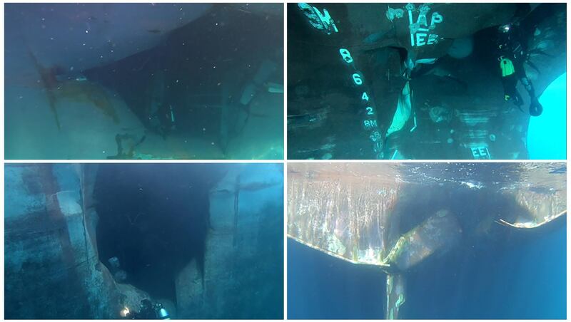 A combination of undated photographs provided June 6, 2019 by the United Arab Emirates mission to the United Nations show underwater damage to the (clockwise from top left) Saudi Arabian tanker Amjad, Saudi Arabian tanker Al Marzoqah, Norwegian tanker Andrea Victory and Emirati vessel A. Michel in the Port of Fujairah.  UAE Mission/Handout via REUTERS. ATTENTION EDITORS - THIS IMAGE WAS PROVIDED BY A THIRD PARTY. NO RESALES. NO ARCHIVES.