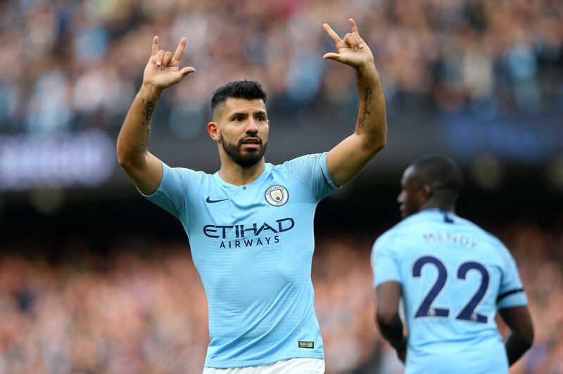 MANCHESTER, ENGLAND - NOVEMBER 04:  Sergio Aguero of Manchester City celebrates after scoring his team's second goal during the Premier League match between Manchester City and Southampton FC at Etihad Stadium on November 4, 2018 in Manchester, United Kingdom.  (Photo by Alex Livesey/Getty Images)