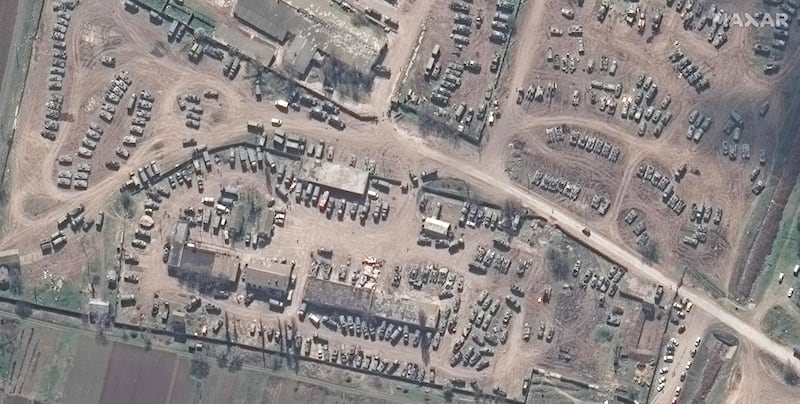 A satellite image by Maxar Technologies shows armoured vehicles in Dzhankoi, Crimea, in April 2022. AFP