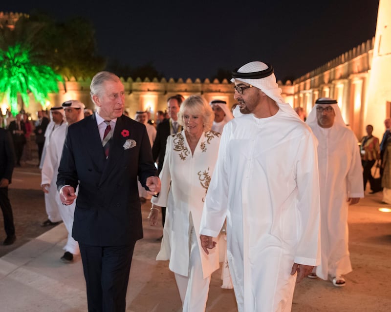 AL AIN, ABU DHABI, UNITED ARAB EMIRATES - November 07, 2016: HH Sheikh Mohamed bin Zayed Al Nahyan, Crown Prince of Abu Dhabi and Deputy Supreme Commander of the UAE Armed Forces (center R), receives HRH Prince Charles Prince of Wales (L), and HRH Camilla Duchess of Cornwall (C), during the launch of the UK - UAE Year of Culture at Al Jahili Fort. 
( Ryan Carter / Crown Prince Court - Abu Dhabi ) *** Local Caption ***  20161107RC_C164319.jpg