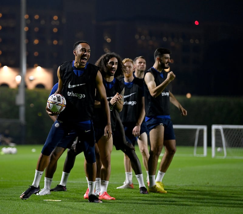 Pierre-Emerick Aubameyang, Marc Cucurella and James Russell of Chelsea during a training session at The Ritz Carlton.