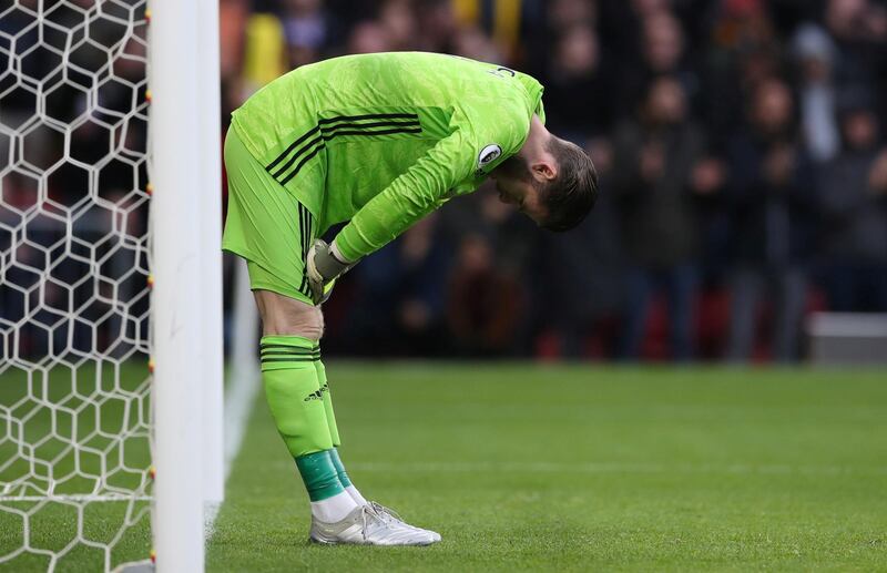 Manchester United's David de Gea reacts after conceding a soft goal to Watford striker Ismaila Sarr. Reuters