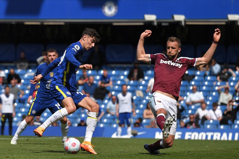 Tomas Soucek of West Ham goes to block Chelsea's Kai Havertz. EPA