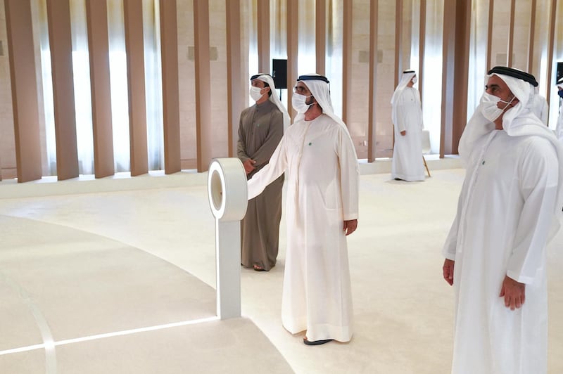 ABU DHABI, 22nd March, 2021 (WAM) -- Sheikh Mohammed bin Rashid, Vice President and Prime Minister of UAE and Ruler of Dubai, launched the Industrial Strategy "Operation 300bn". Seen with Mansour bin Zayed bin Sultan bin Zayed, left, and Saif bin Zayed. Wam
