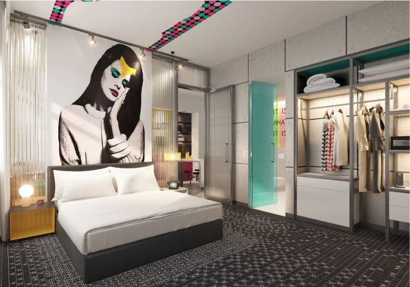 Rooms at the funky Studio One Hotel feature pop art prints and bold graphics. Photo: Studio One Hotel
