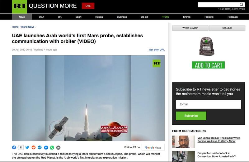 Russia Today said 'the launch marks the first interplanetary exploration mission by an Arab country'