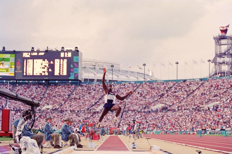 Carl Lewis of the United States competing in Men's Long Jump competition on 29th July 1996 at the XXVI Summer Olympic Games at the Alexander Memorial Coliseum in Atlanta, Georgia, United States. (Photo by Mike Powell/Allsport/Getty Images)