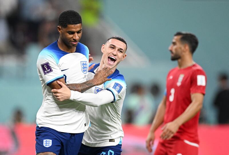 Marcus Rashford and Phil Foden after the fifth goal. Getty