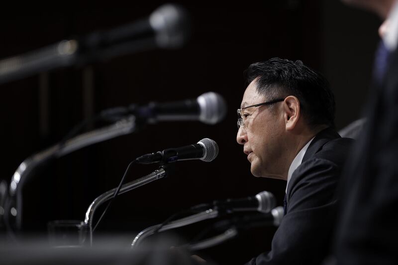 Akio Toyoda, president of Toyota Motor Corp speaks during a press conference in Tokyo.  Kiyoshi Ota / Bloomberg