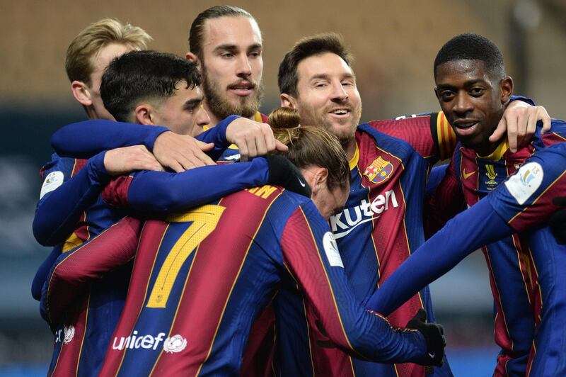 Barcelona's Antoine Griezmann celebrates scoring his second goal. AFP