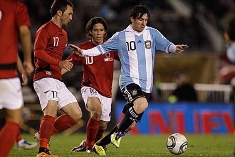 Lionel Messi weaves his way through Albania's defence during Argentina's 4-0 friendly win at the Monumental.