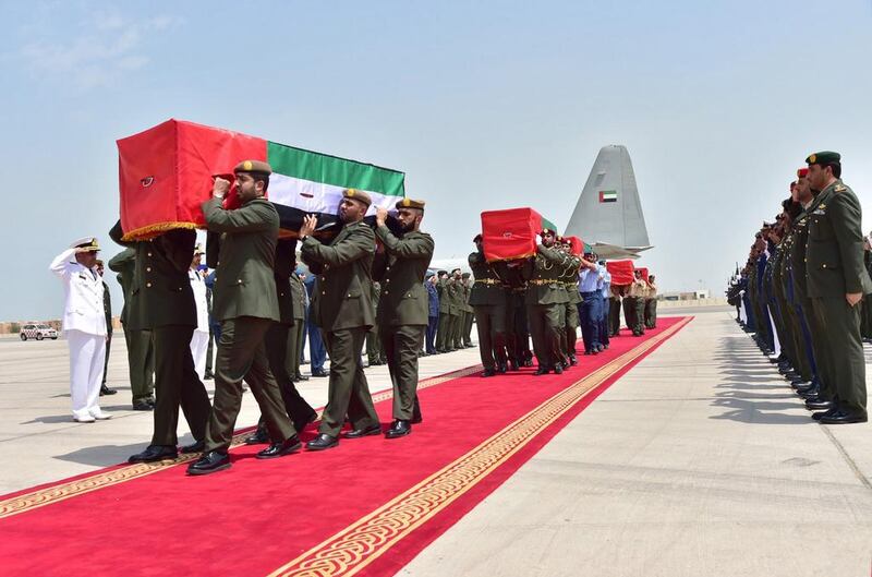 The soldiers' bodies were received with full ceremony at Al Bateen Executive Airport in Abu Dhabi, attended by senior Armed Forces officers. Wam