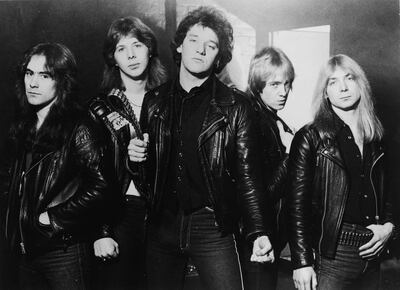 Promotional portrait of British heavy metal group, Iron Maiden, 1981: (L-R) Steve Harris, Clive Burr, Paul Di'Anno, Adrian Smith, and Dave Murray. (Photo by Robert Ellis/Hulton Archive/Getty Images)