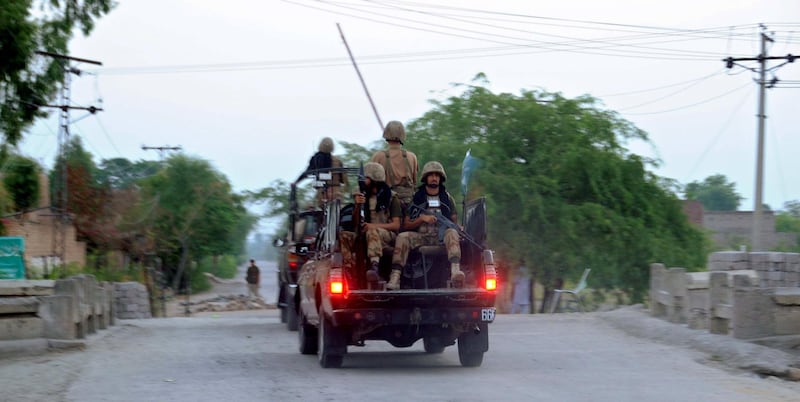 epa06092163 (FILE) - Pakistani security officials on a vehicle patrol in a street following an attack on a Frontier Corps (FC) checkpost, in Jamrud, a tribal area in Khyber Agency, Pakistan, 18 July 2014 (reissued 17 July 2017). According to reports on 17 July 2017, Pakistan has launched a major military offensive to combat militants, including the so-called Islamic State (IS or ISIS, ISIL), in a mountainous area in Khyber Agency, a Federally Administered Tribal Areas (Fata) near the Afghan border. The military operation, codenamed 'Khyber 4' is backed by the air force, and will target militant hideouts.  EPA/BILAWAL ARBAB