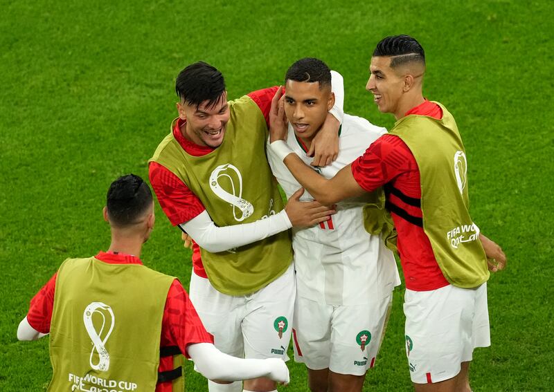 Morocco's Abdelhamid Sabiri celebrates scoring the opening goal. PA