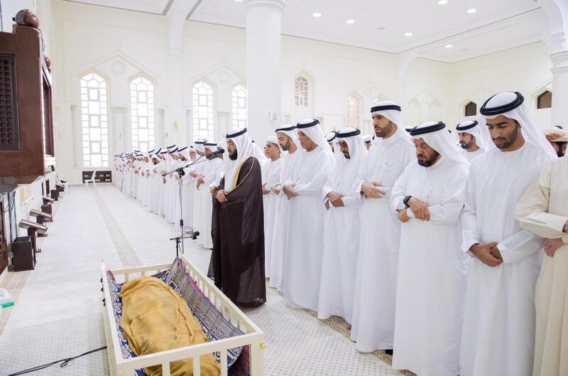 <p>Sheikh Saud bin Saqr Al Qasimi, Ruler of Ras Al Khaimah, and Sheikh Mohammed bin Saud bin Saqr Al Qasimi, Crown Prince of RAK, perform funeral prayers&nbsp;for Sheikh Hamad bin Mohammed Al Qasimi, at Sheikh Zayed Mosque in RAK on Sunday. Wam</p>
