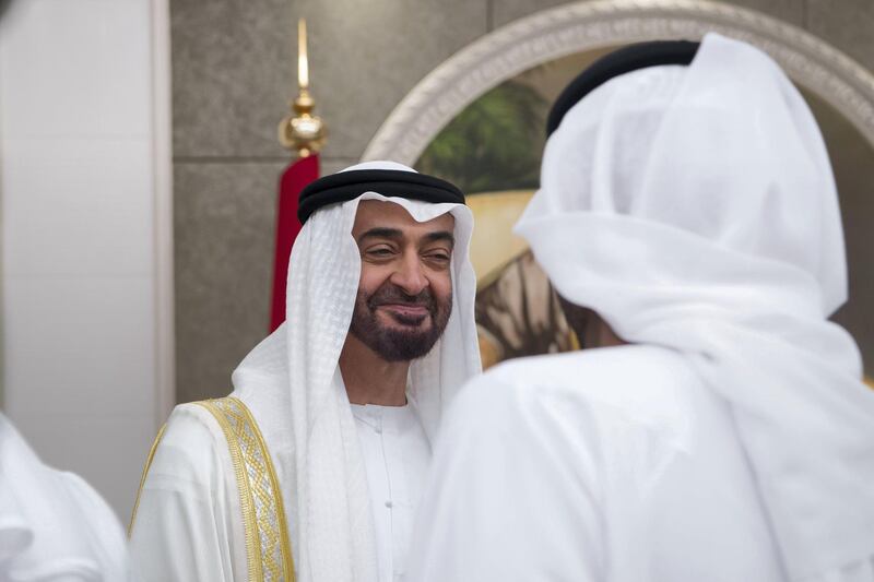 ABU DHABI, UNITED ARAB EMIRATES - June 15, 2018: HH Sheikh Mohamed bin Zayed Al Nahyan Crown Prince of Abu Dhabi Deputy Supreme Commander of the UAE Armed Forces (C), hosts an Eid Al Fitr reception at Mushrif Palace. 

( Saeed Al Neyadi / Crown Prince Court - Abu Dhabi )
---