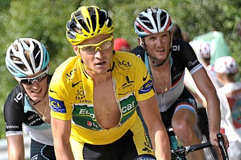 Thomas Voeckler, centre, leads the Tour de France going in today’s stage 16.