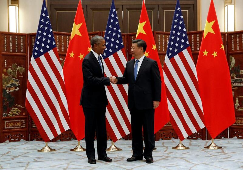 China’s president, Xi Jinping, and US president Barack Obama shake hands before a bilateral meeting ahead of the G20 Summit, in Ming Yuan Hall at Westlake Statehouse in Hangzhou, China on September 3, 2016. Jonathan Ernst / Reuters