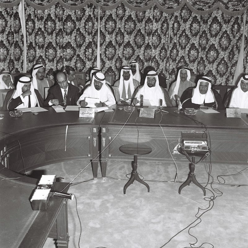 History Project 2010, "The First Day". The signing and speech at Union House, Dubai. December 2, 1971. Credit Ittihad Newspaper **EDS NOTE ***IMPORTANT** SEEK ADVISE FROM KAREN BEFORE USE
