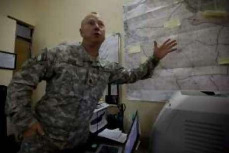 Lieutenant Colonel Timothy Bush, commanding officer of the 2-20 Artillery Brigade, in his office on Camp Delta near Kut in Wasit province, Iraq, Monday, October 27, 2008. His unit has been charged with helping reconstruction efforts in the province, which have had only limited success since the US invasion of 2003, due at least in part to corruption and incompetence.
 *** Local Caption ***  Lt Colonel Timothy Bush 6.jpg