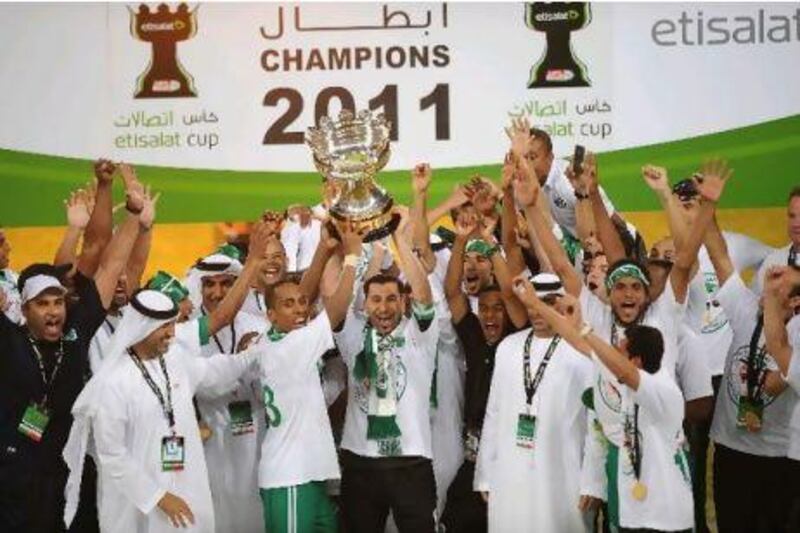 Al Shabab celebrate victory in the Etisalat Cup last month. Shadi Malkawi / Al Ittihad