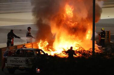 BAHRAIN, BAHRAIN - NOVEMBER 29: A fire is pictured following the crash of Romain Grosjean of France and Haas F1 during the F1 Grand Prix of Bahrain at Bahrain International Circuit on November 29, 2020 in Bahrain, Bahrain. (Photo by Bryn Lennon/Getty Images)